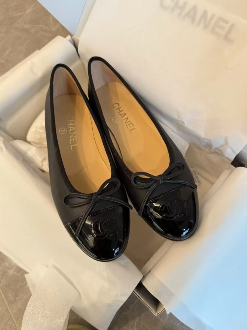 Chanel Black Cap Toe Bow Ballet Flats